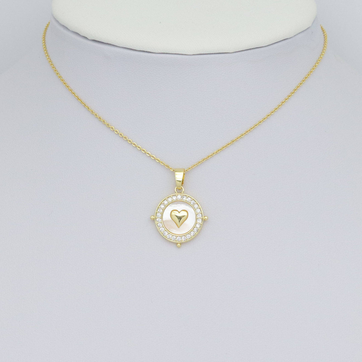 Clear CZ Around Gold Heart On Round Coin Charm Pendant, Sku#LX758