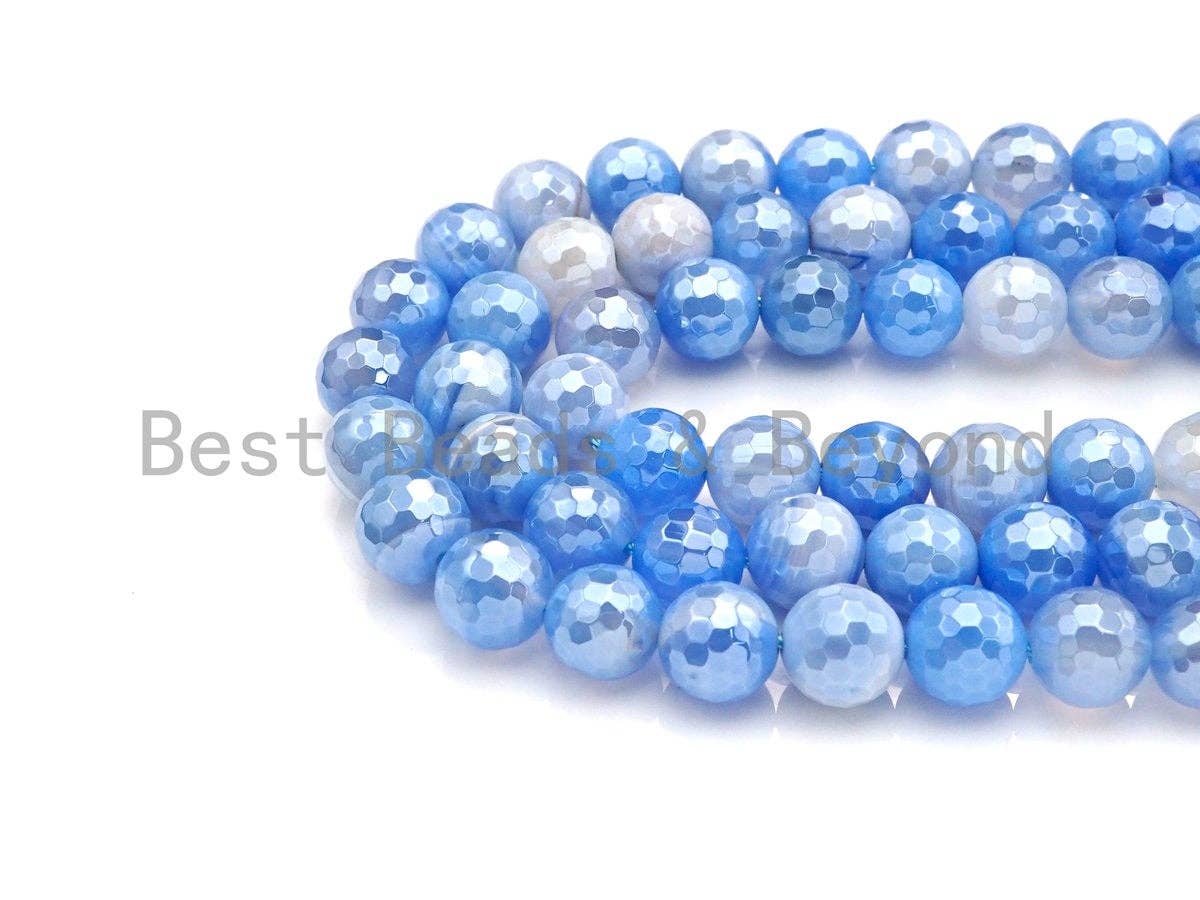 Mystic Plated Faceted Agate Beads,6mm/8mm/10mm, Plated Blue White Banded Agate Beads,15.5" Full Strand, SKU#UA80