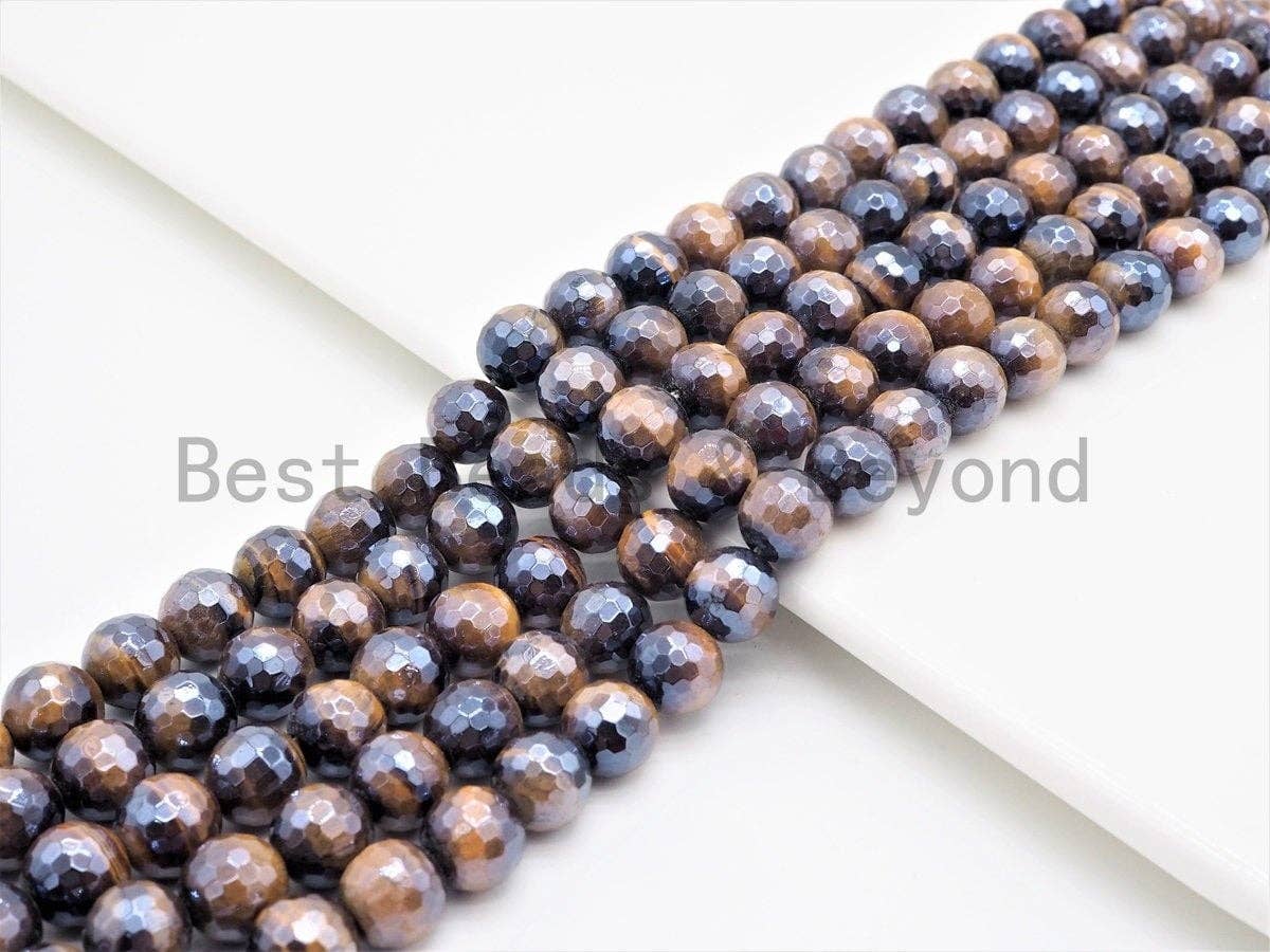 High Quality Mystic Plated Faceted Yellow Tiger Eye Beads, 6mm/8mm/10mm/12mm/14mm Tiger Eye Gemstone Beads, 15inch Full strand, SKU#U411