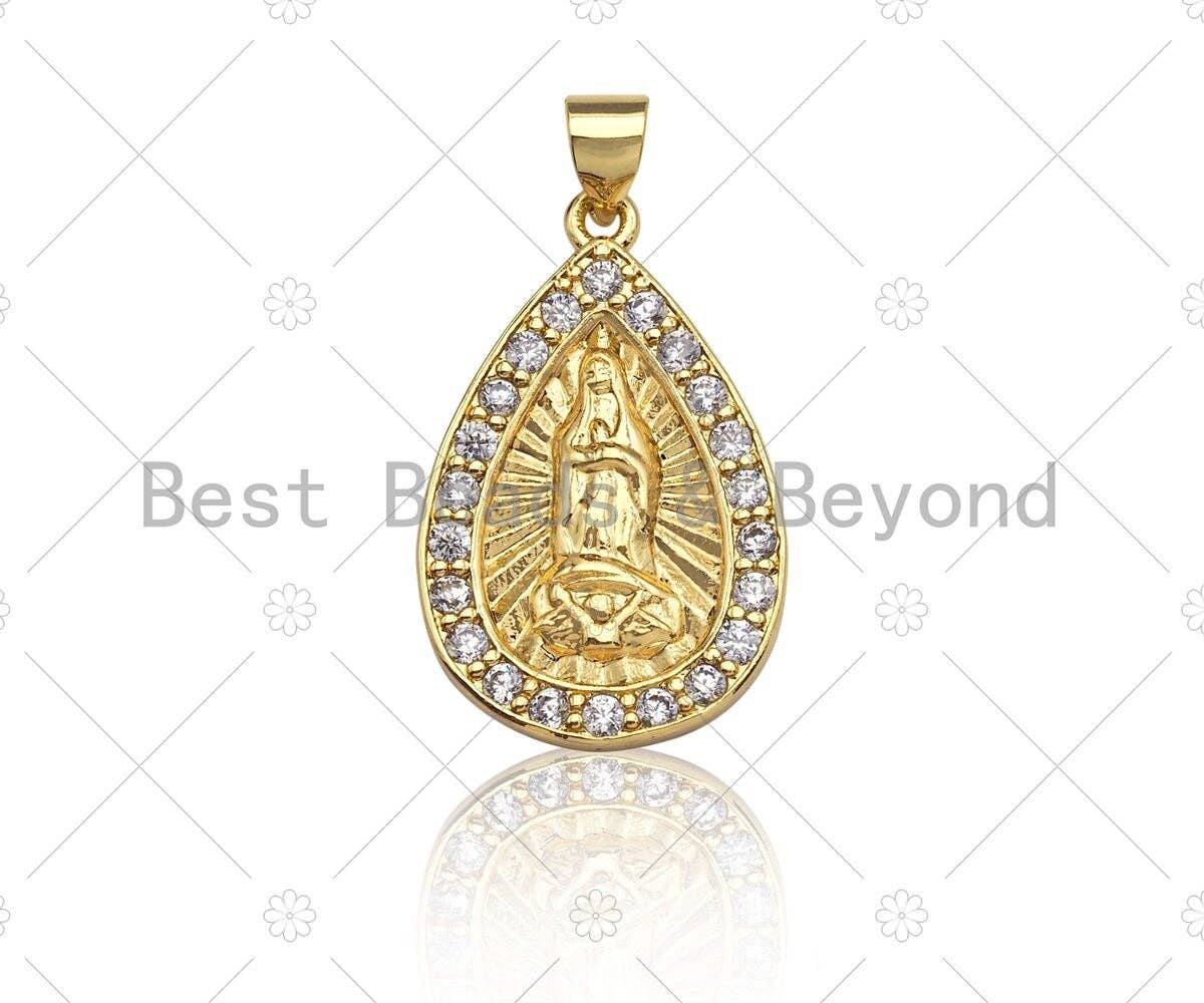 18K Gold Virgin Mary On Teardrop Emblem Shape Pendant,  Sku#F1148C