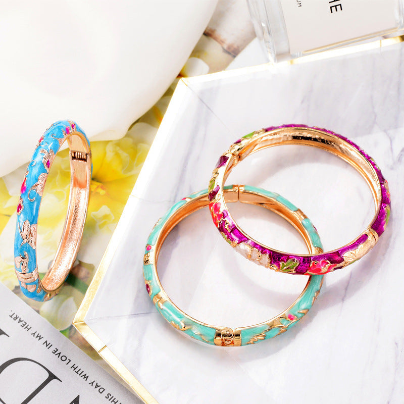 Women's Cloisonne Fine Peony Enamel Ethnic Style Bracelet