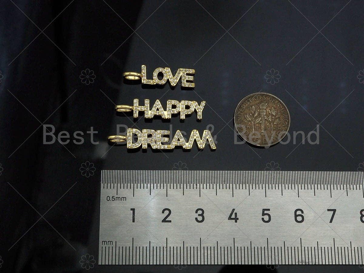 CZ Micro Pave Dream Happy LOve Words Shape Pendant,Cubic Zirconia Gold Charm,Necklace Bracelet Charm Pendant,43x3mm/29x3mm/23x2mm,Sku#Z1308