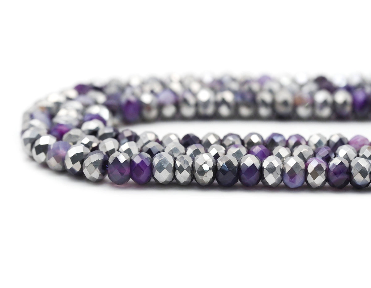 Half Silver Plated Natural Purple Banded Agate Rondelle Faceted Beads, Sku#UA272