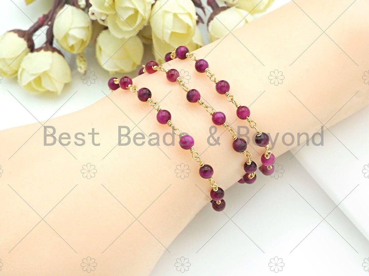 Galaxy/Fuchsia/Blue High Quality Tiger Eye Rosary Chain, 4mm Beaded Chain, Wire Wrapped Gold Chain,Sku#V75