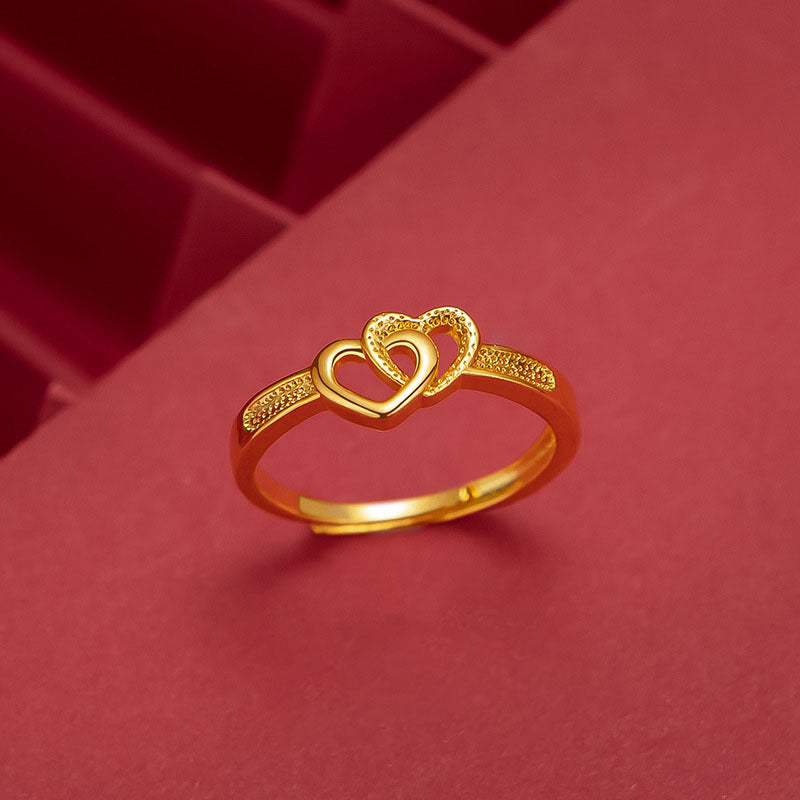 Vietnamese Sand Gold Plated Double Heart Ring For Women, Japanese & Korean Fashion Adjustable Open Love Ring