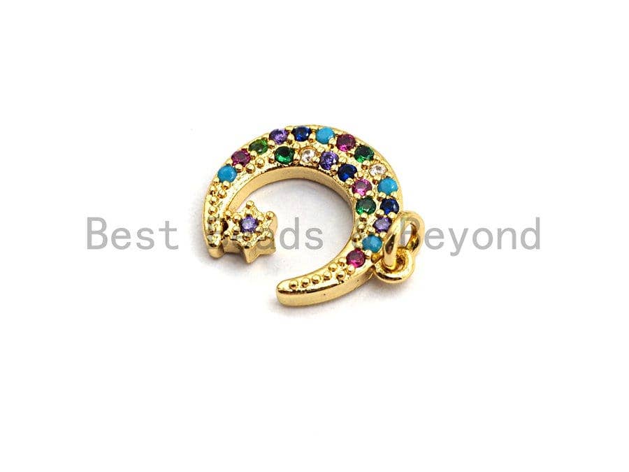 CZ Colorful Micro Pave Moon With Star Pendant, Moon Star Shaped Pave Pendant, Gold plated, 12x14mm, Sku#F756