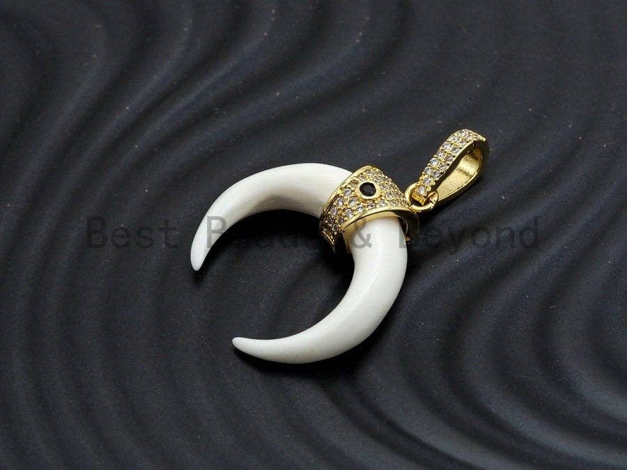 CZ Micro Pave With Ivory OX Horn Pendant ,Gold/Silver/Black/Rose Gold ,Cubic Zirconia Jewelry Findings,25x27mm,sku#F702