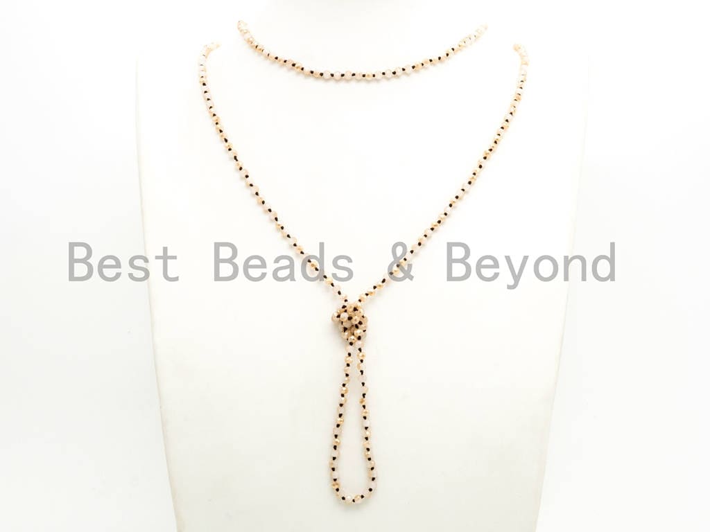 60 EXTRA Long Hand Knotted  Neutral Color Crystal Necklace, Double Wrap Necklace, Gold Beige Color 2x4mm Rondelle Crystal Beads, SKU#D20