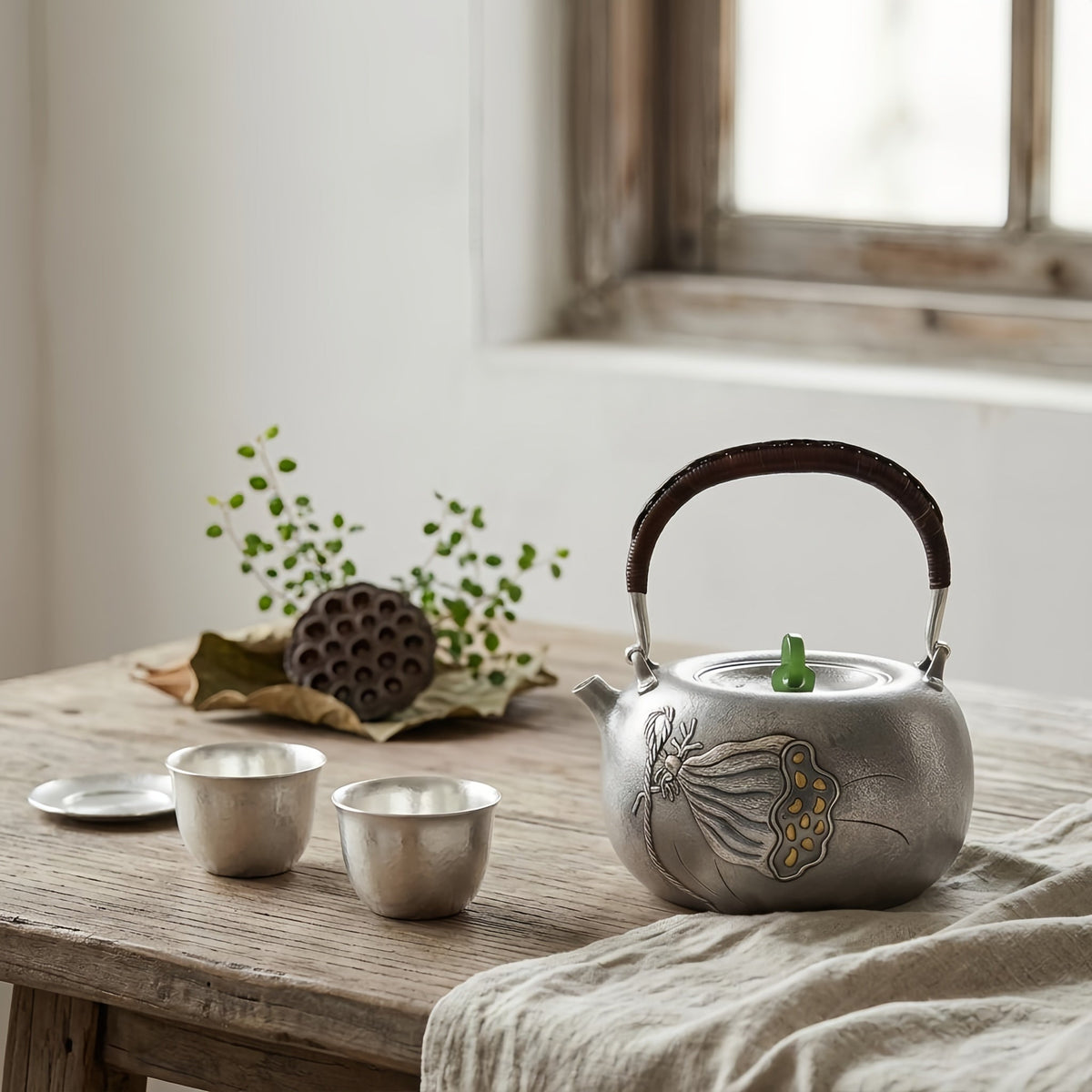 Pure 999 Fine Silver Handmade Silver Teapot with Lotus Seed Pod Motif and Woven Rattan Handle - Handicraft