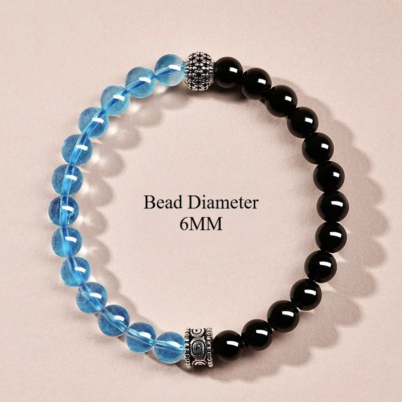 Geometric Black Obsidian & Aquamarine Bracelet in Sterling Silver