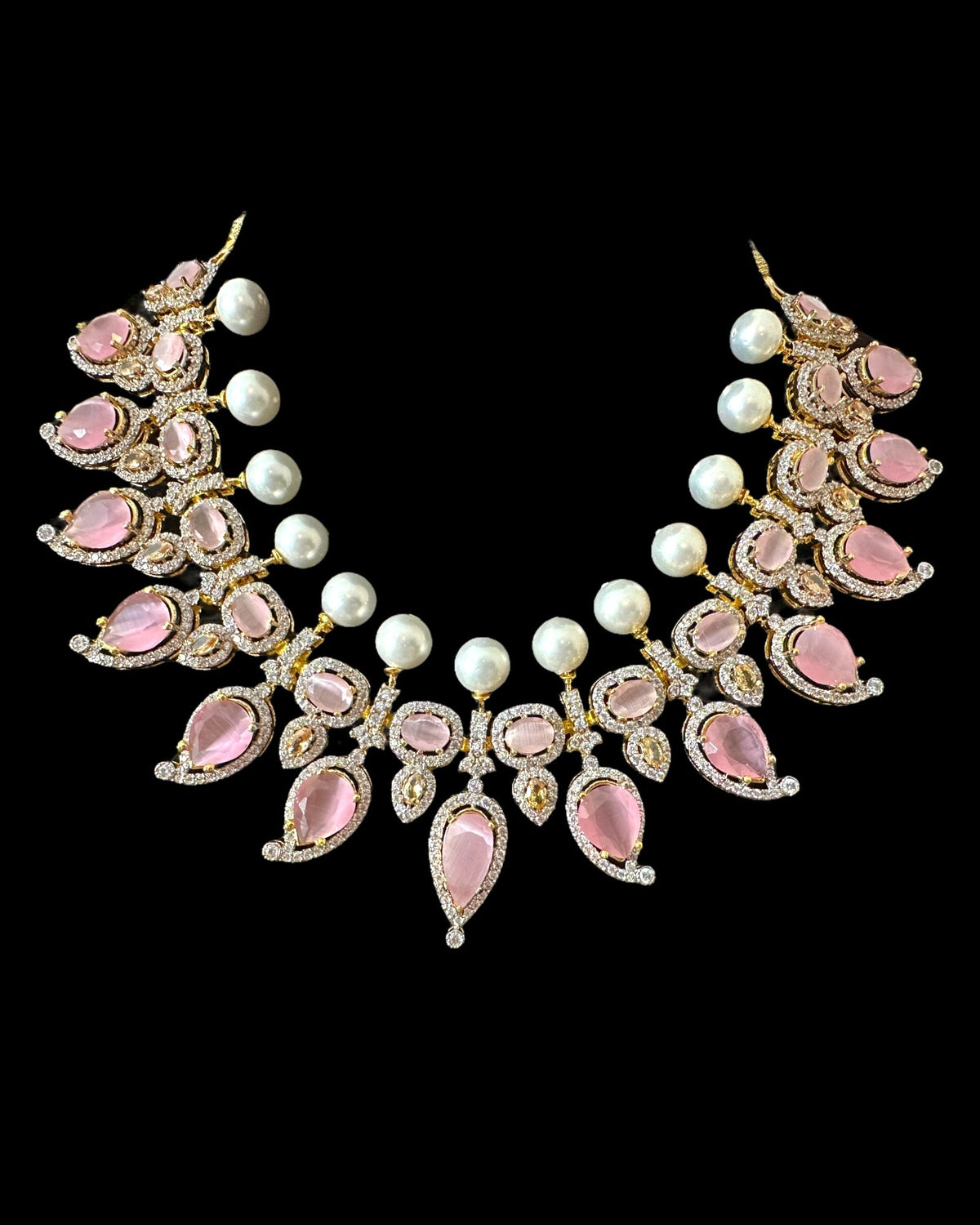 BR462  Anmol necklace set in pink( rose quartz ), Cats eye and pearls ( READY TO SHIP )