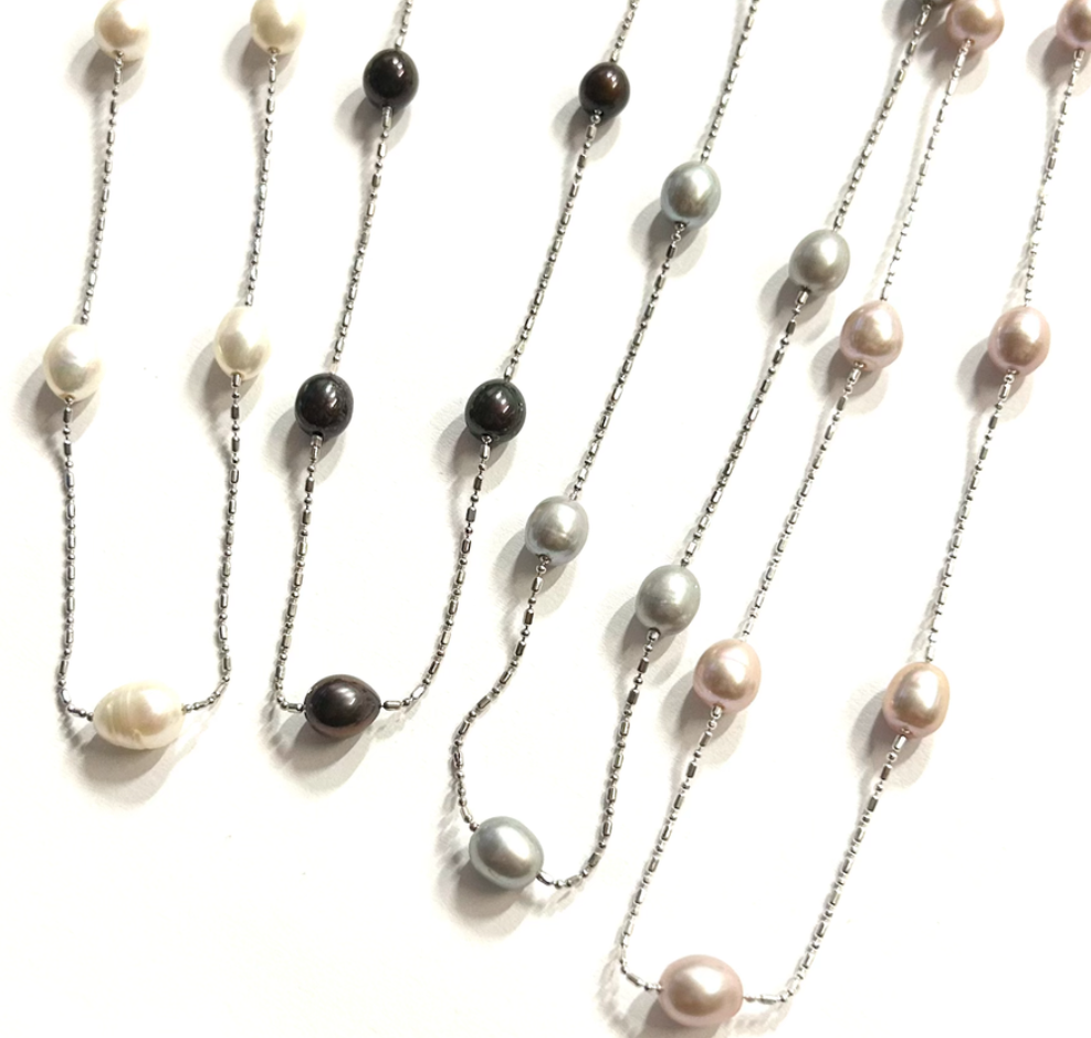 Double Layer Freshwater Pearl Dainty Silver Chain Necklace, sku#PBW2