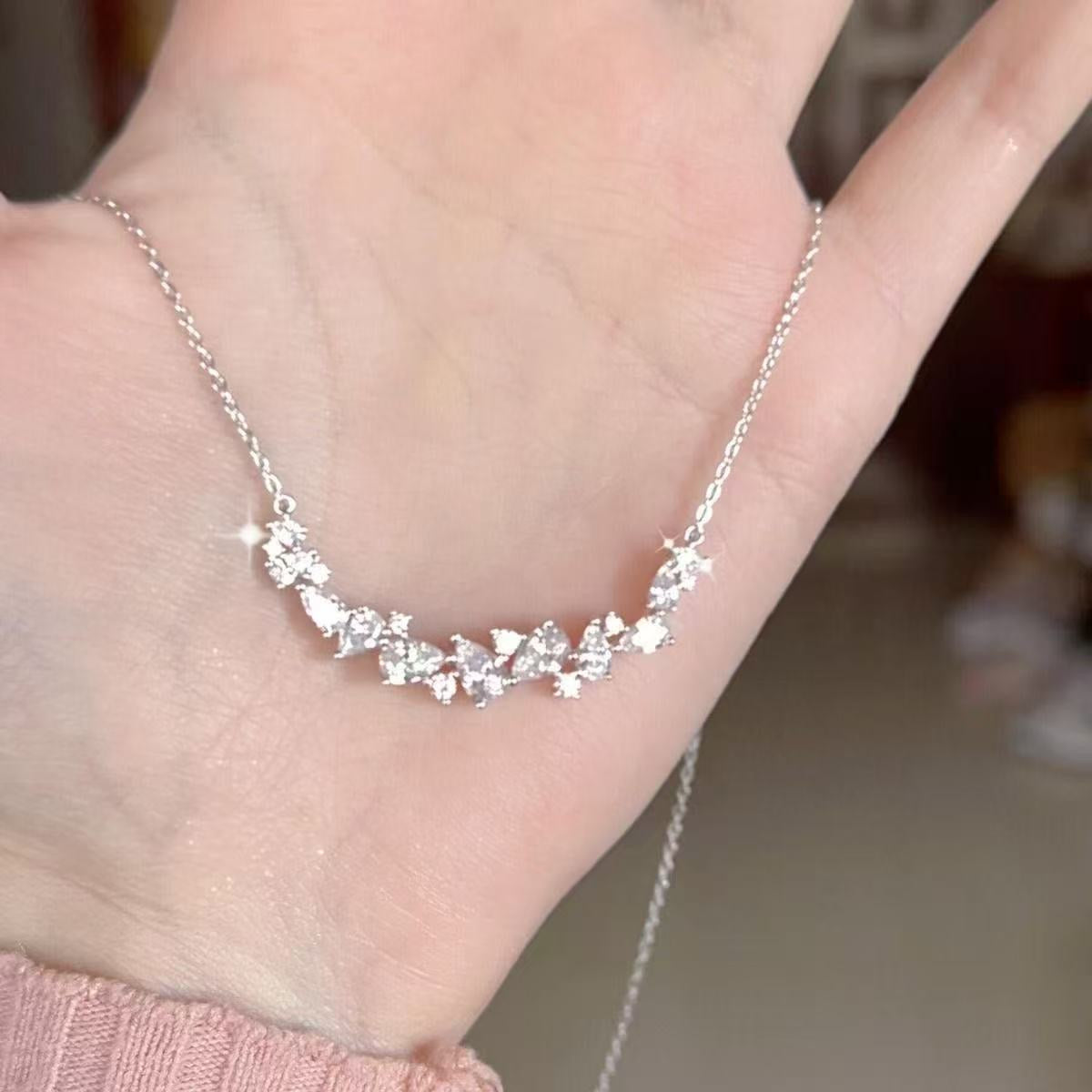 1pcs 999 Sterling Silver Cluster CZ Smile Bar Necklace, Luxury Delicate Style, Ideal For Birthday Gifts