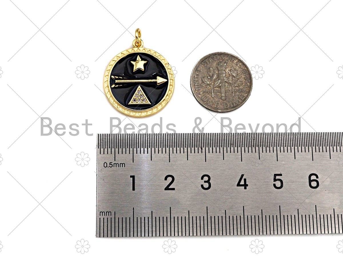 Colorful Enamel Pave Star Arrow Triangle On Round Coin Pendant, Gold Enamel Round Pendant, Pave Enamel Jewelry Findings,20x23mm,Sku#L438