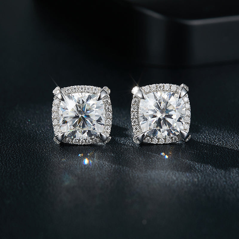 S925 Sterling Silver 8x8mm Cushion Cut Moissanite Stud Earrings  Platinum Plated Halo Setting With GRA Certificate Luxury Jewelry Gift Box Set For Women