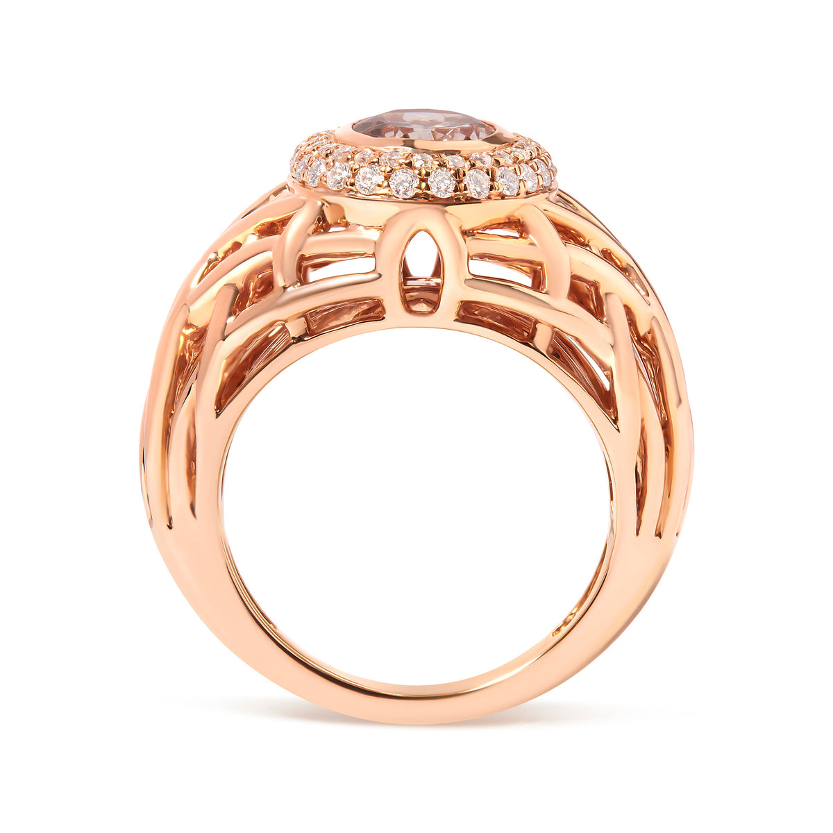 14K Rose Gold Oval Morganite and 3/8 Cttw Diamond Halo Basket Weave Cocktail Ring Size 7