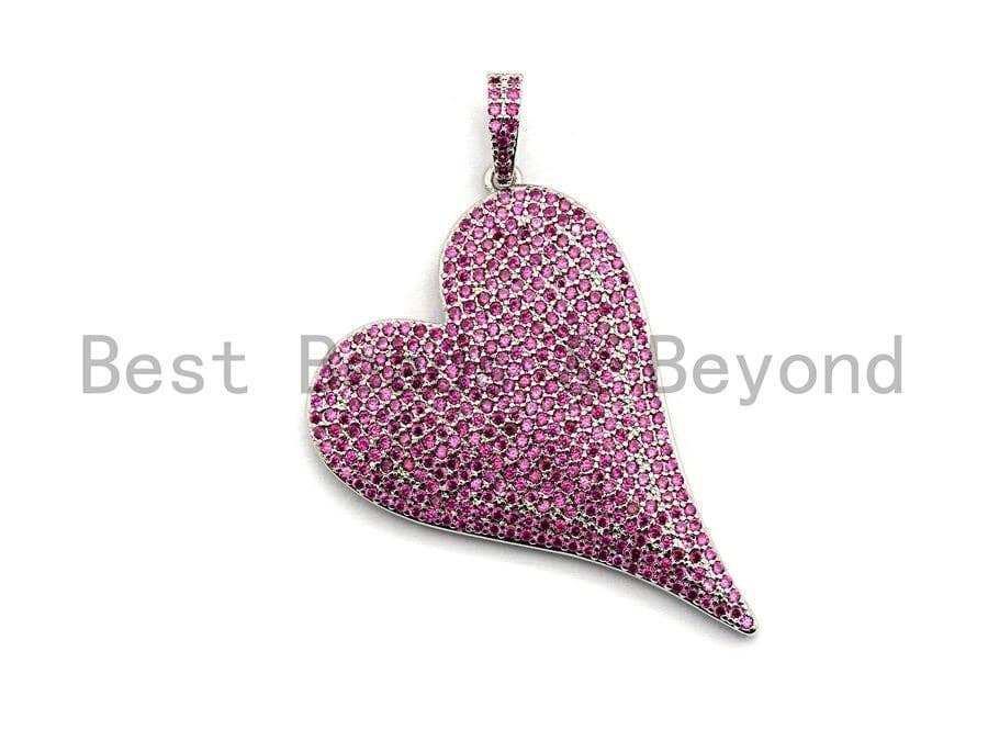 CZ Fuchsia Micro Pave Large Heart Pendant, Heart Shaped Pave Pendant, Gold/Rose Gold/Silver/Gunmetal plated, 30x41mm, Sku#X52