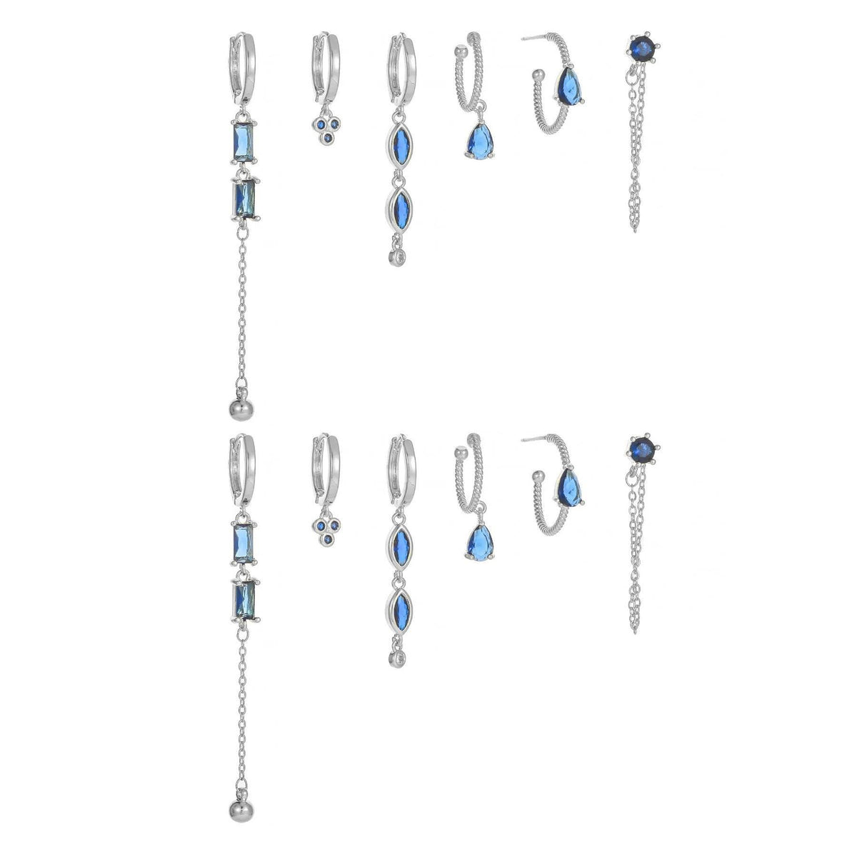 Stacking 6 Pieces Long Tassel Vintage Earring Set with Micro-Pavé Dazzling Blue Zircons, 18k Gold Plated Ear Studs & Ear Drops, S925 Needle