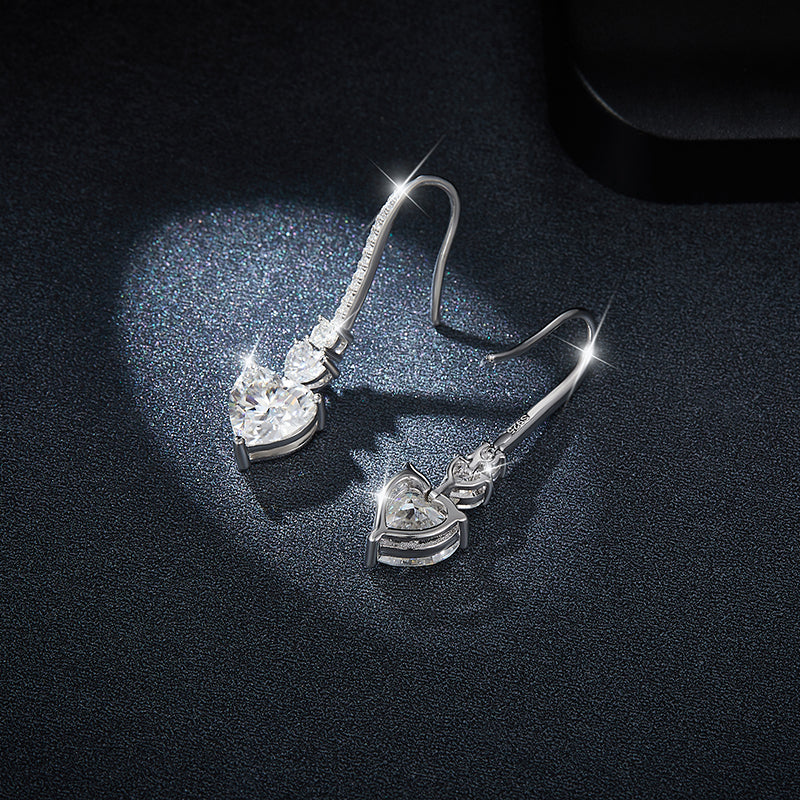 S925 Sterling Silver Heart Shaped Moissanite Dangle Earrings  Platinum Plated Hook Earrings With GRA Certificate Elegant Jewelry Gift Box Set For Women