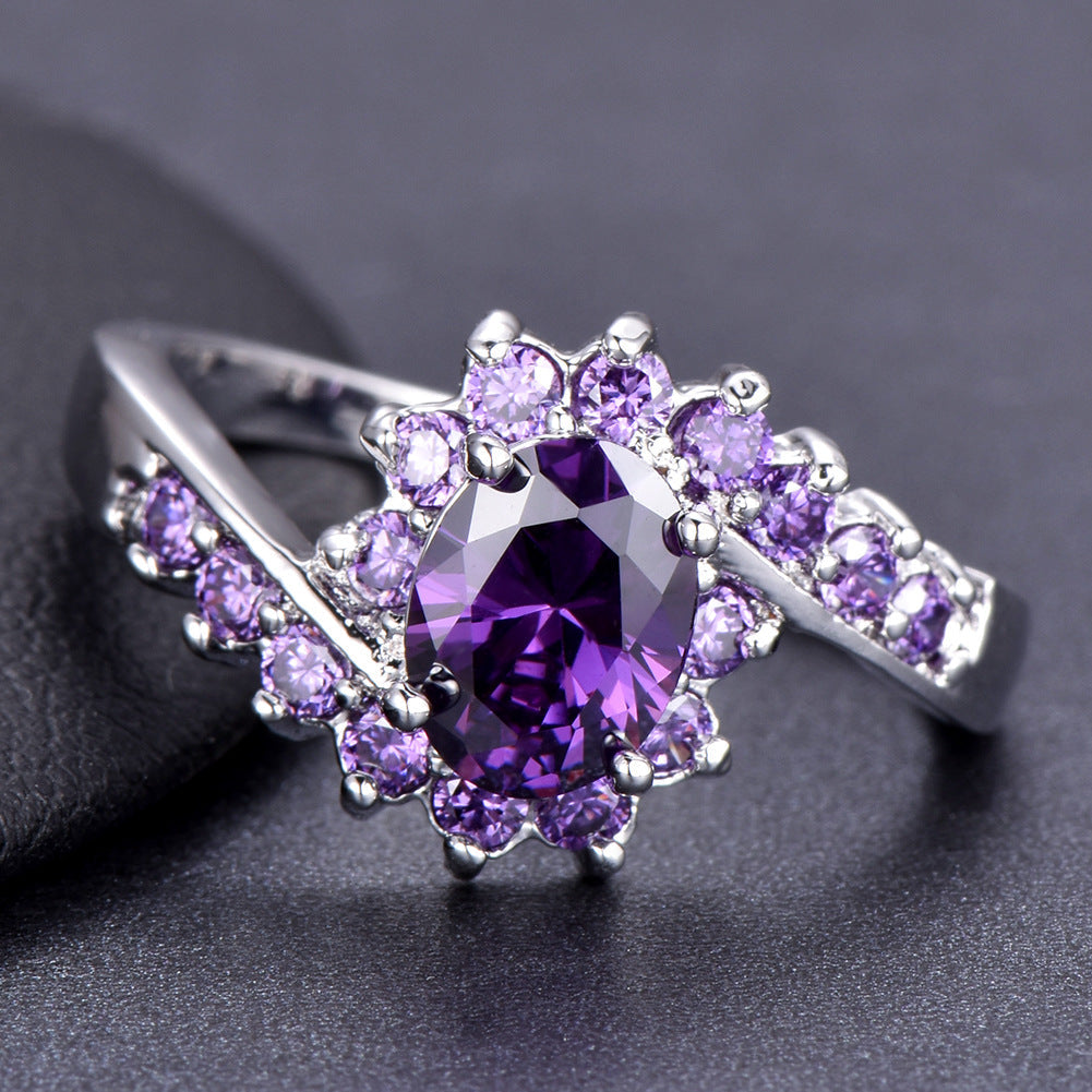 Fashionable Oval Purple Diamond-Encrusted Zircon Ring