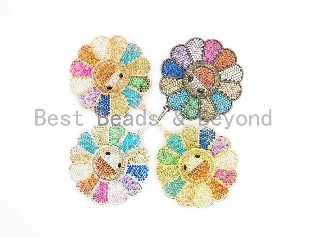 Rainbow Color CZ Micro Pave Smiley Face Sunflower Pendant/Focal, Pave pendant Gold,Silver,Rose Gold,Black plated,44mm,sku#F487