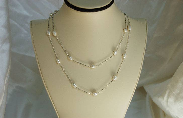 Double Layer Freshwater Pearl Dainty Silver Chain Necklace, sku#PBW2