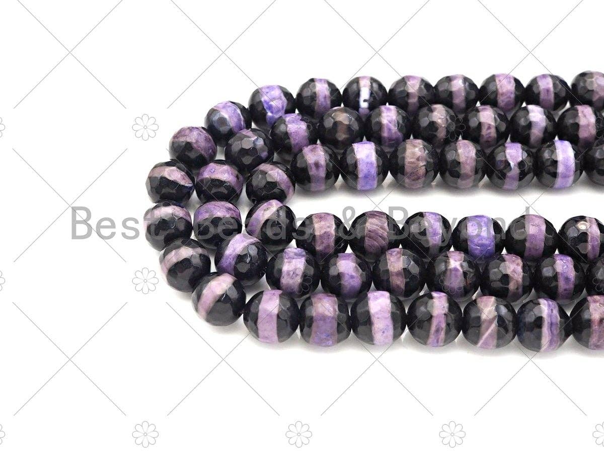 Dzi Agate Faceted Round Beads with Purple Line, 6mm/8mm/10mm/12mm, Purple Black Tibetan Beads, Agate Beads, 15.5'' Full Strand,Sku#U1074
