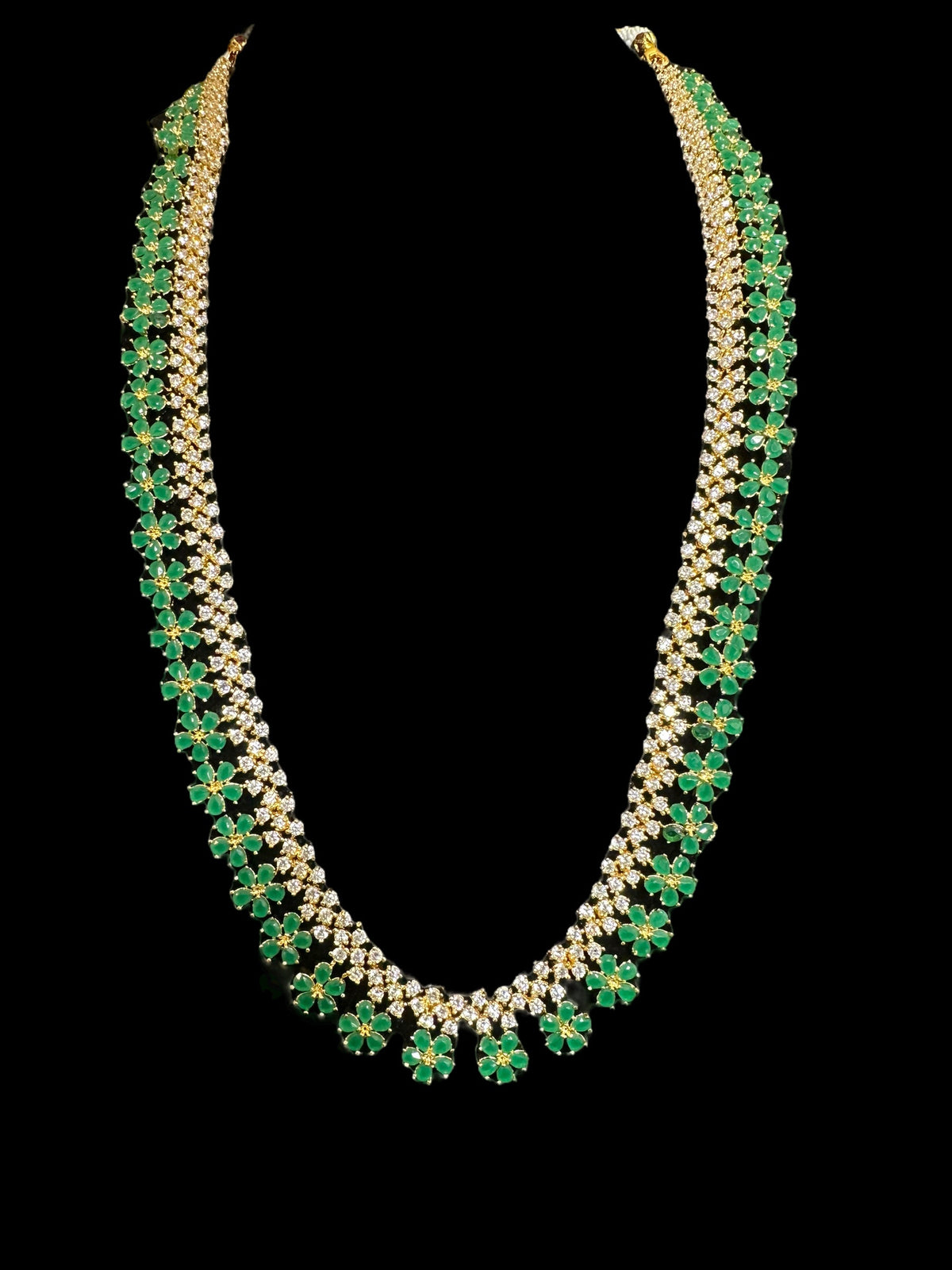 DLN39 Megha long set in cz stones - Green    (READY TO SHIP)