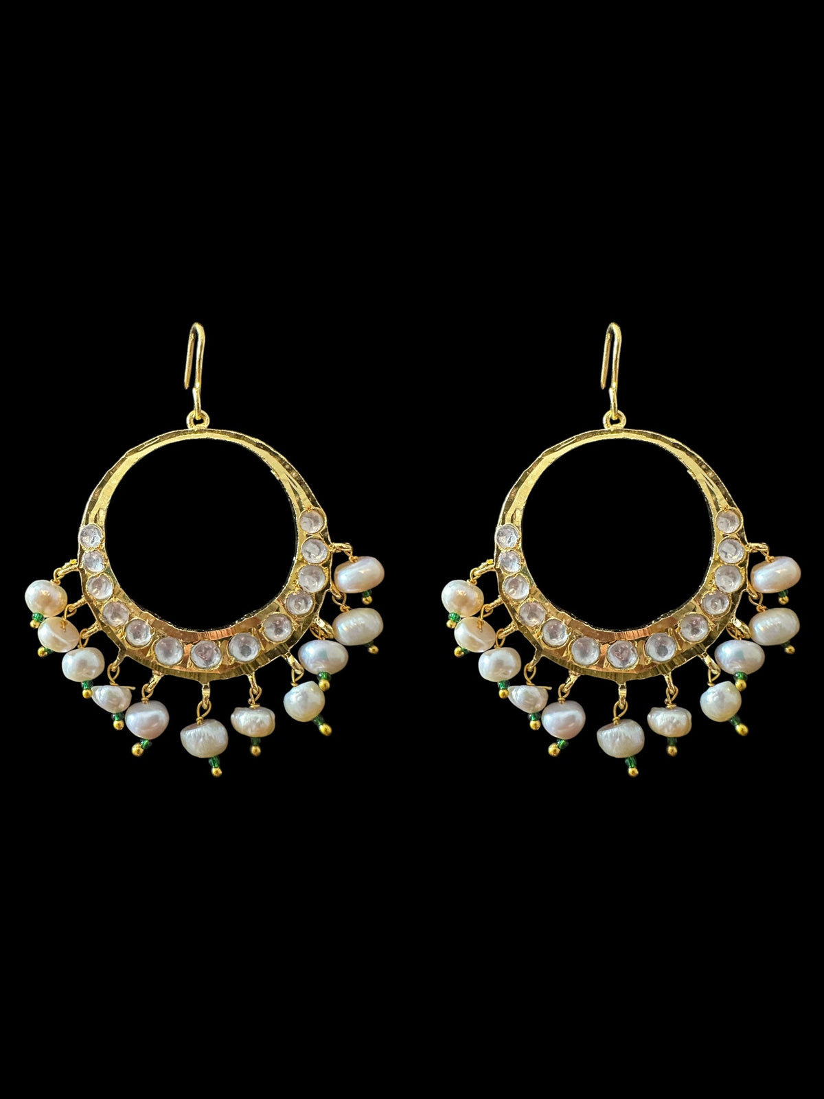 DER720 Afia gold plated moissanite Polki chandbali with fresh water pearls (SHIPS IN 3 WEEKS )