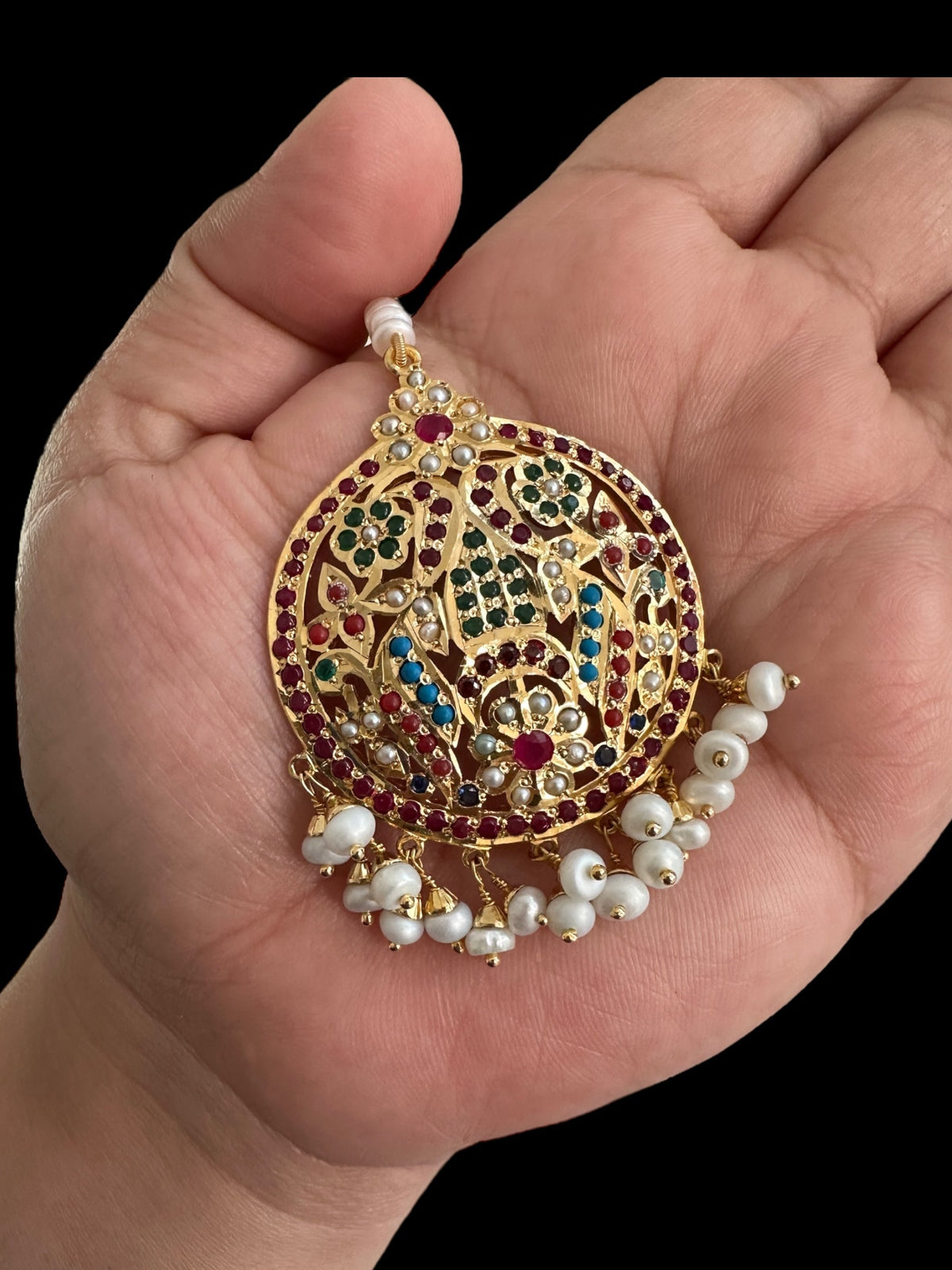 Navratan tika in silver with fresh water pearls - gold plated ( SHIPS INN5 WEEKS )