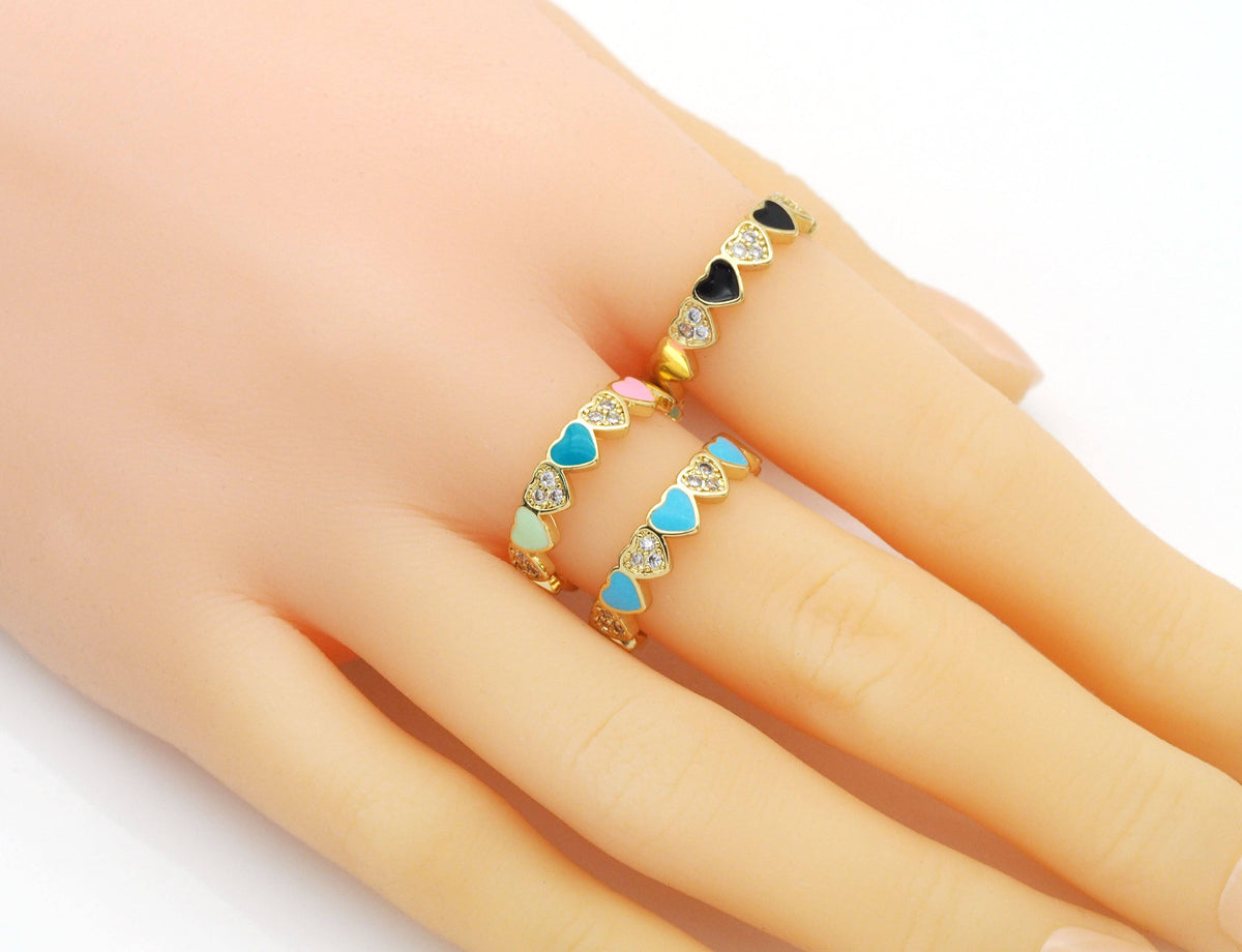 Gold CZ Colorful Enamel Heart Stackable Ring, Sku#X357