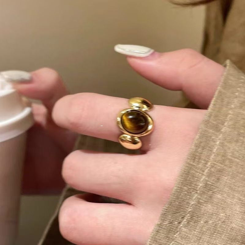 Vintage Tiger Eye Open Ring For Women, Maillard Retro Niche Design High-End Index Finger Ring