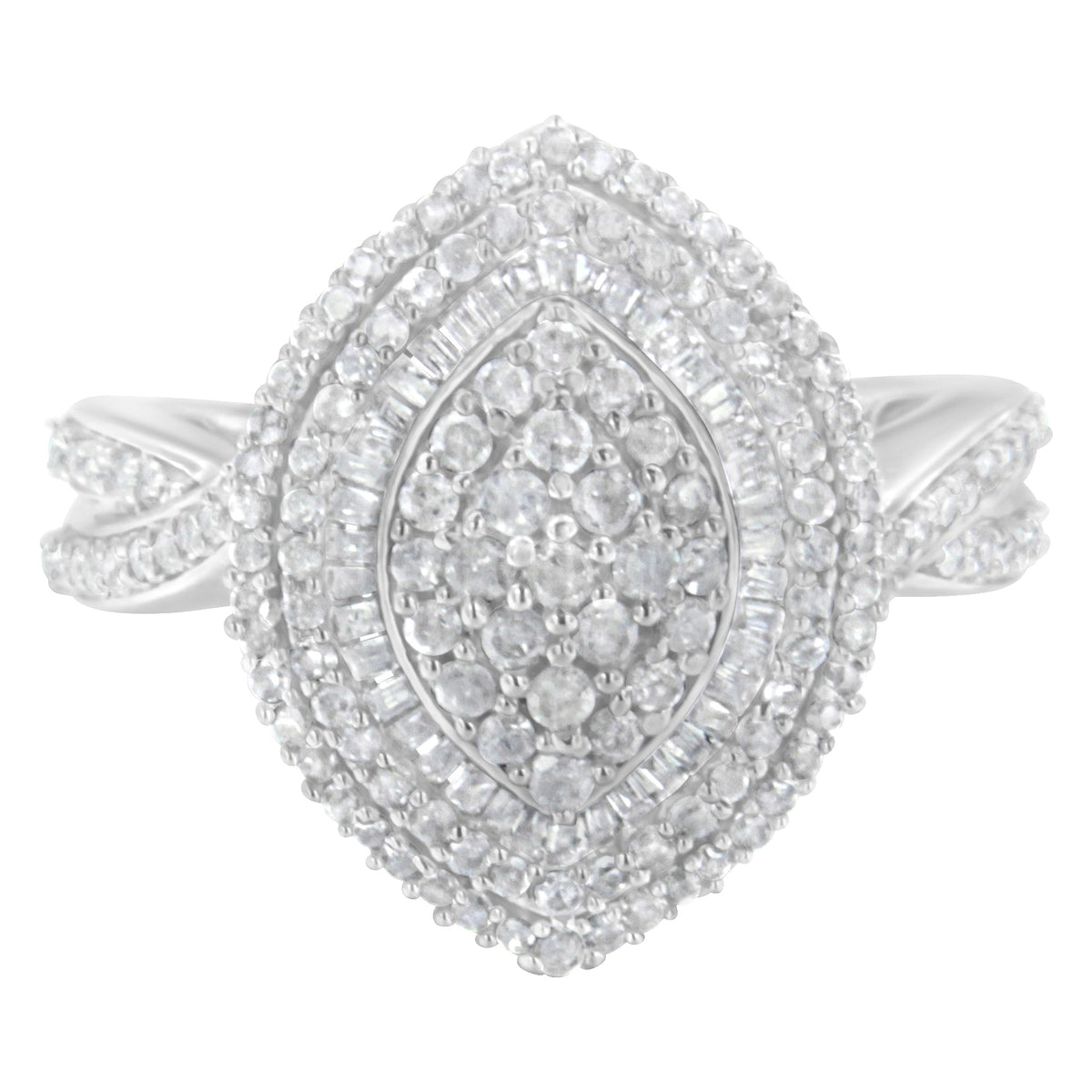 .925 Sterling Silver 1.0 Cttw Round & Baguette-Cut Diamond Marquise-Shaped Cluster Triple Stepped Halo Cocktail Fashion Ring (I-J Color, I2-I3 Clarity) - Size 7