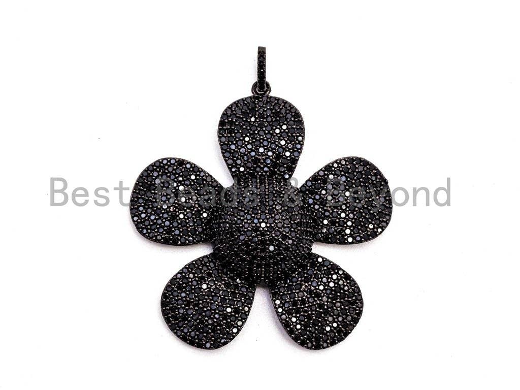 48x58mm CZ Micro Pave Large Daisy Flower Pendant, Black Cubic Zirconia Pave Mega Floral Pendant in Gold Black Finish,sku#F355
