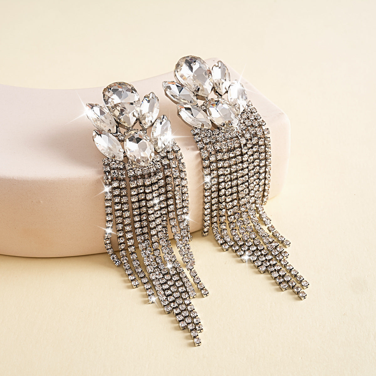 Womens Oval Rhinestone Inlaid Tassel Stud Earrings,Costume Earrings For Daily Banquet Party Wear