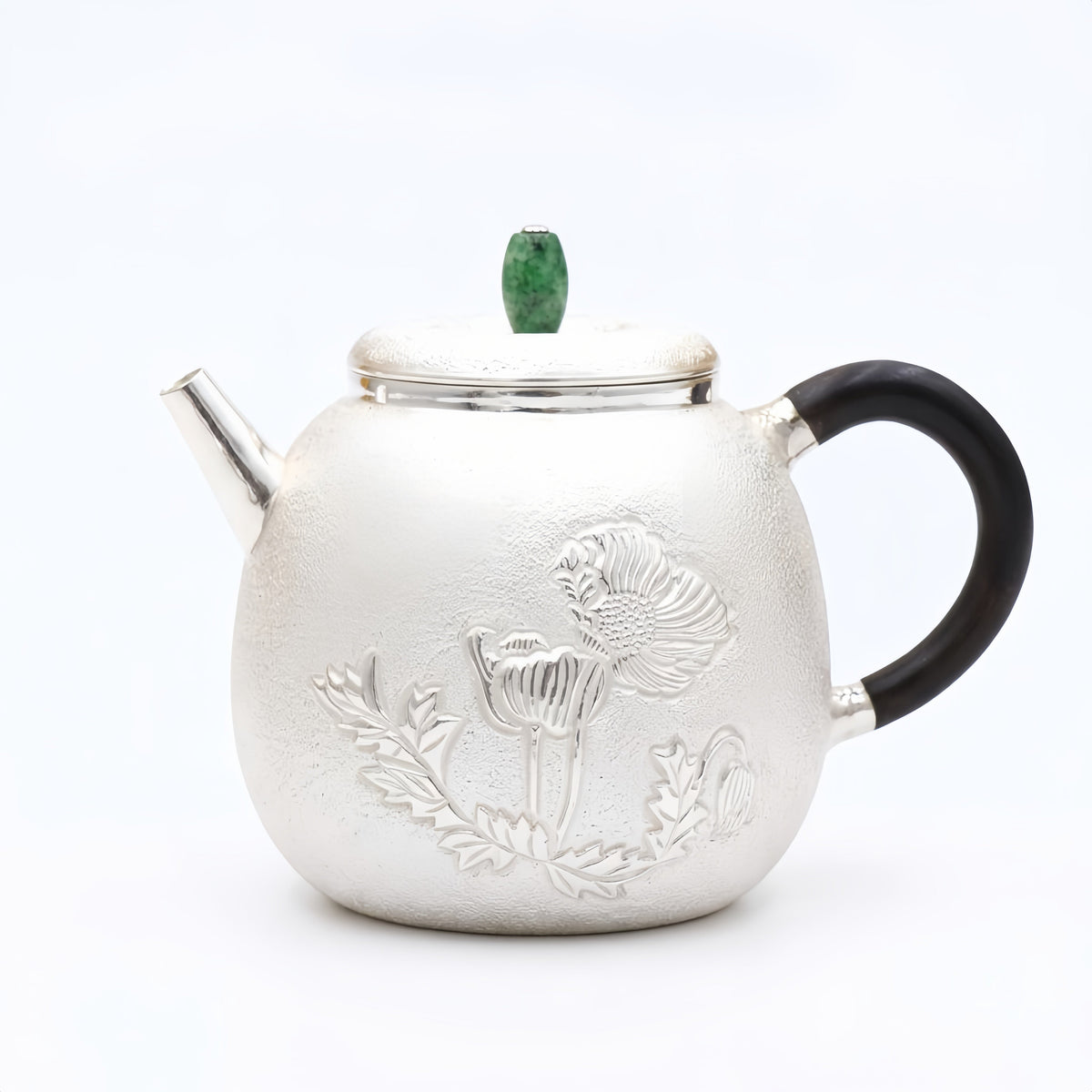 925 Sterling Silver Elegant  Teapot with Floral Engraving and Emerald Gemstone-exquisite handmade teapot - Handicraft