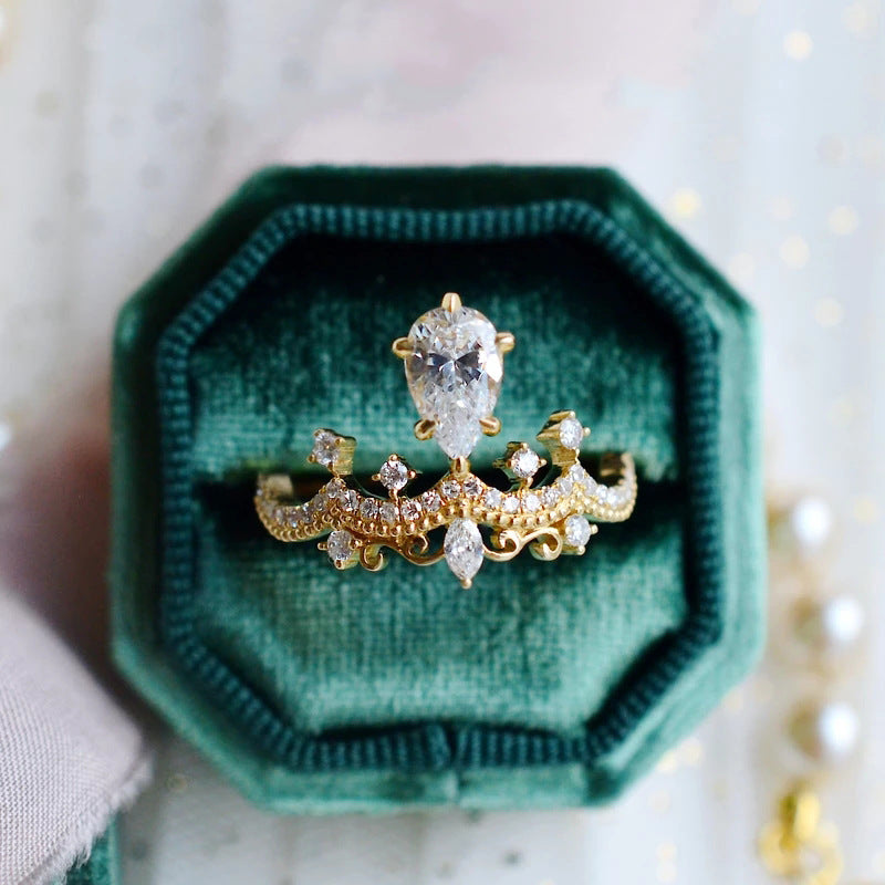 Vintage Crown Design Pear Cut Simulated Moissanite Engagement Ring