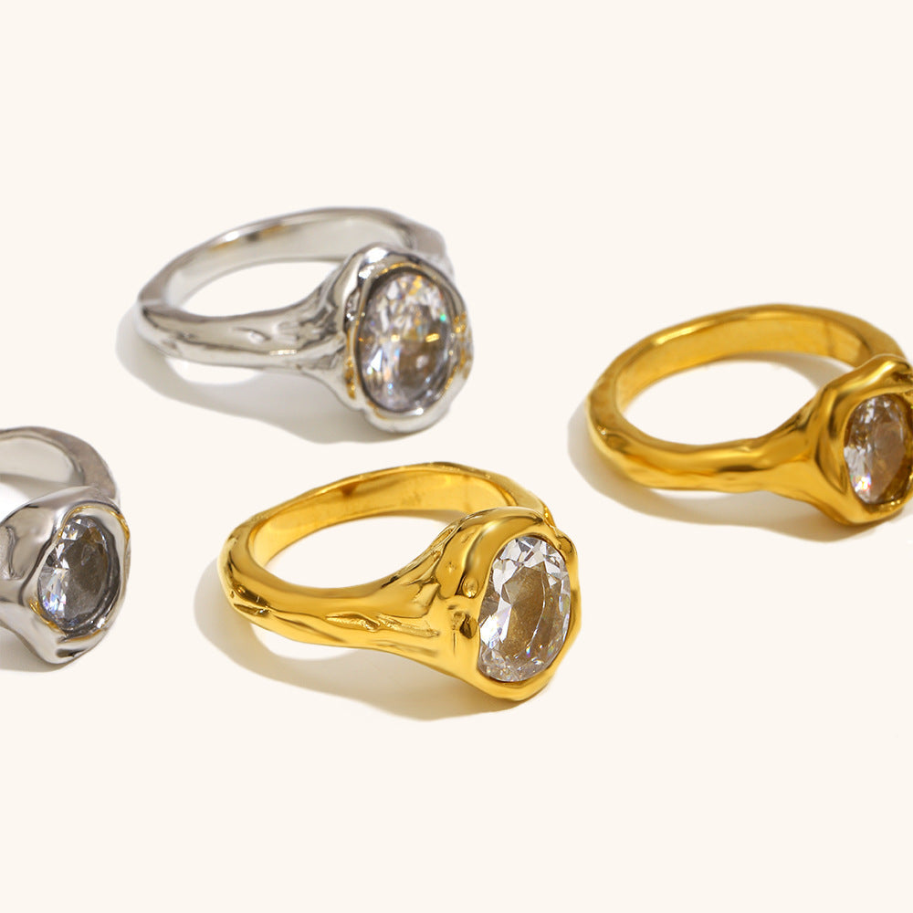Stainless Steel 18K Gold-Plated Holed Dove-Egg Zircon Ring For Women  Lite Luxury
