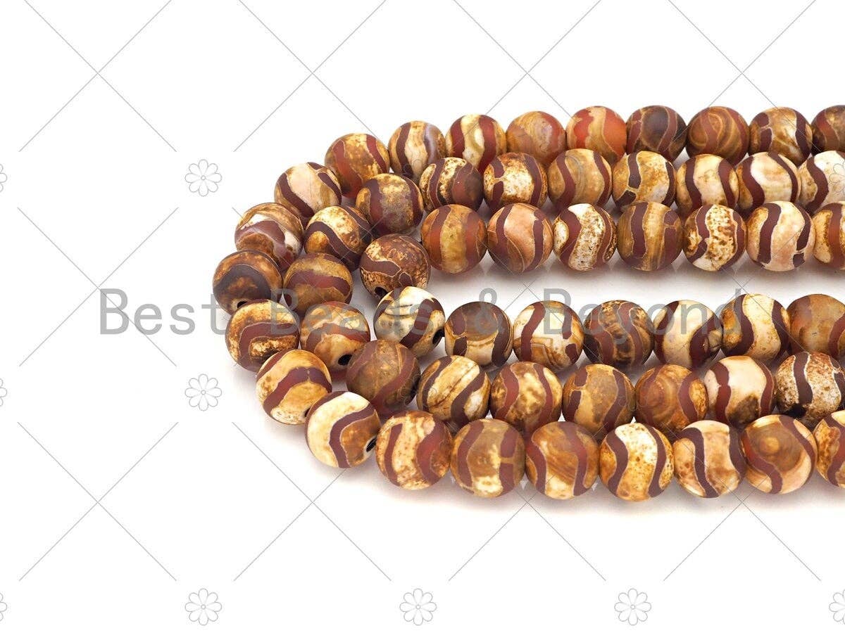 Natural Tibetan Brown Agate with Double Wavy Line Beads,8mm/10mm/12mm Agate Beads, Tibetan Round Smooth Agate,15.5" Full Strand, Sku#U1104