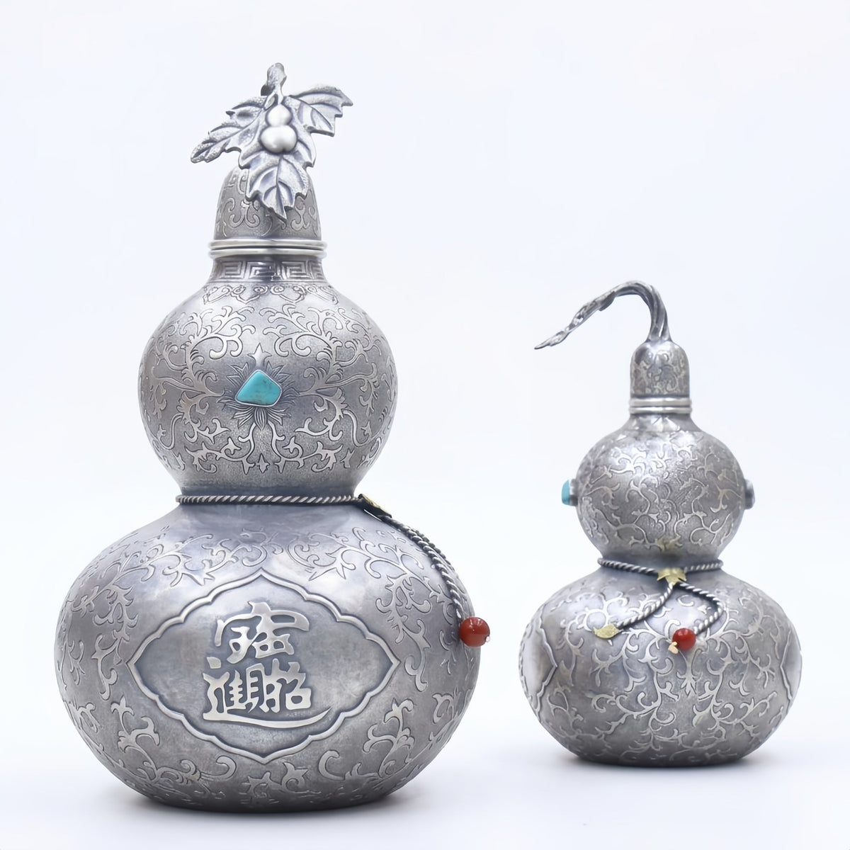 Pure 999 Fine Silver Ornate Silver-Tone Gourd Containers with Turquoise and Traditional Chinese Prosperity Engravings - Handicraft