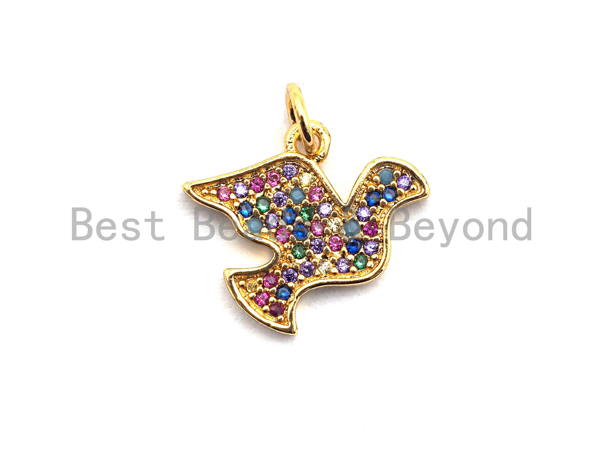 CZ Colorful Micro Pave Peace Dove Pendant, Pigeon Shaped Pave Pendant, Gold plated, 12x15mm, Sku#F832