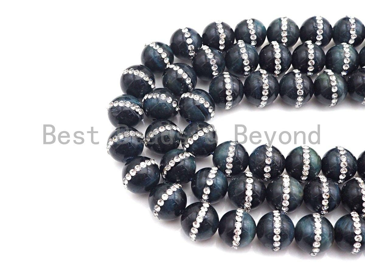 Dark Blue Tiger Eye with Rhinestone Inlaid,6mm/8mm10mm/12mm, SKU#V49