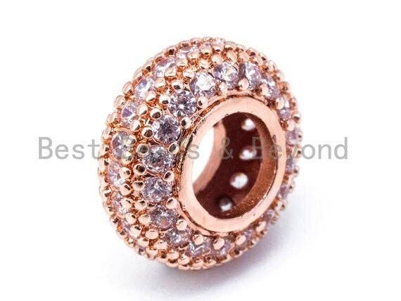 CZ Donut Shaped Micro Pave Large Big Hole Beads, Cubic Zirconia Space Beads,Slider Beads, 12x5mm, #G126