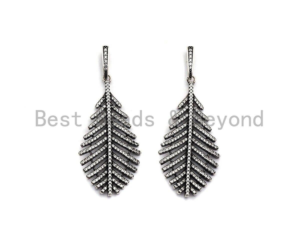 CZ Micro Pave Leaf Pendant, Antique Silver Tone, Clear Cubic Zirconia Big Pave Leaf Charm Pendant, 22x44mm,sku#F1010C