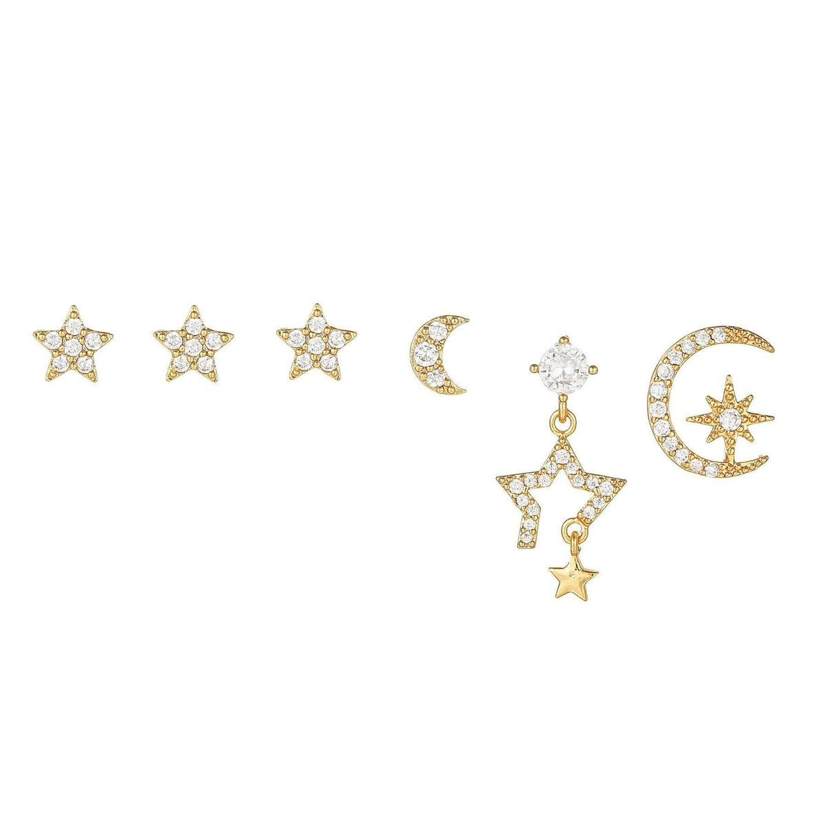Multi Sets of Chic Star&Moon Earrings, 3-6pcs, 18k Gold Plated Stud Drop Hoop Huggie Cuff Chain, S925 Needle
