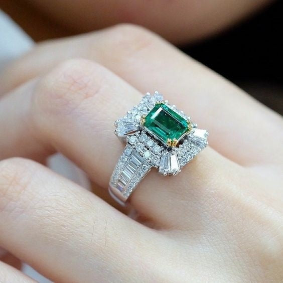 Square Princess Ring With Simulated Emerald Zircon, Micro Pave Full Stone Engagement Band
