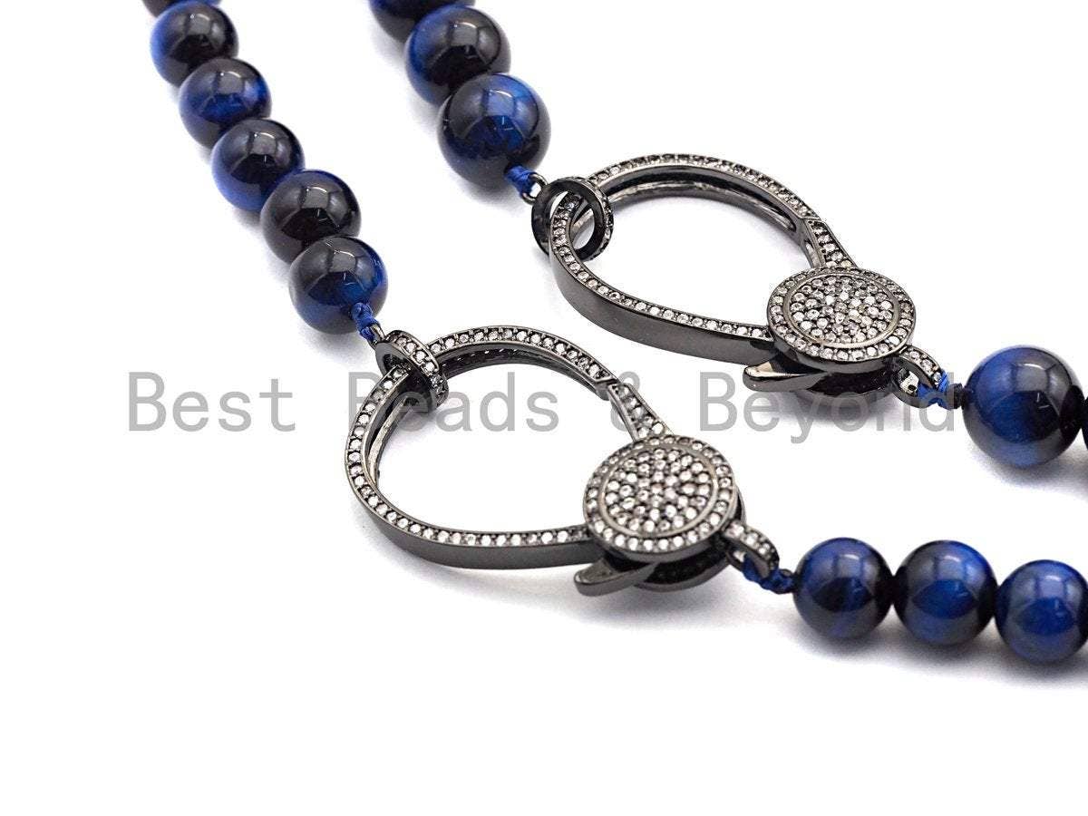 Blue Tiger Eye Attachment Necklace with Large CZ Pave Gunmetal clasp, 18 long, 8mm/10mm beads size, sku#D39