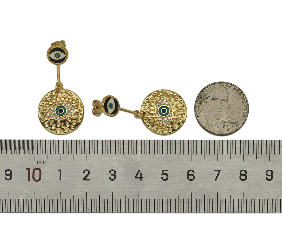 Enamel Evil Eye Round Coin Shape Dangle Earrings, SKU#Y603