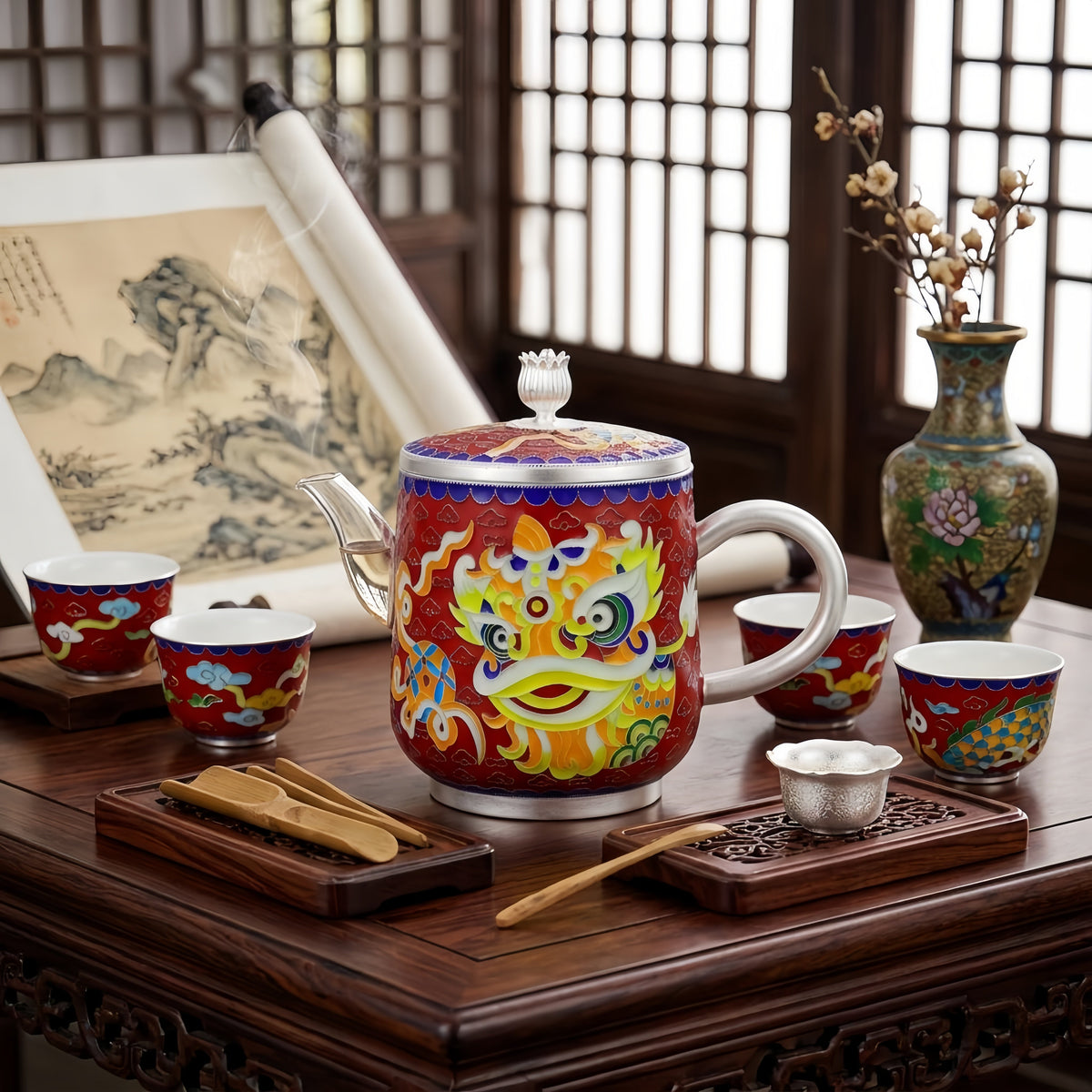 925 Sterling Silver Chinese Lion Dance Themed Ceramic Mug with  Accents-Premium Indigo Tea Mug - Handicraft