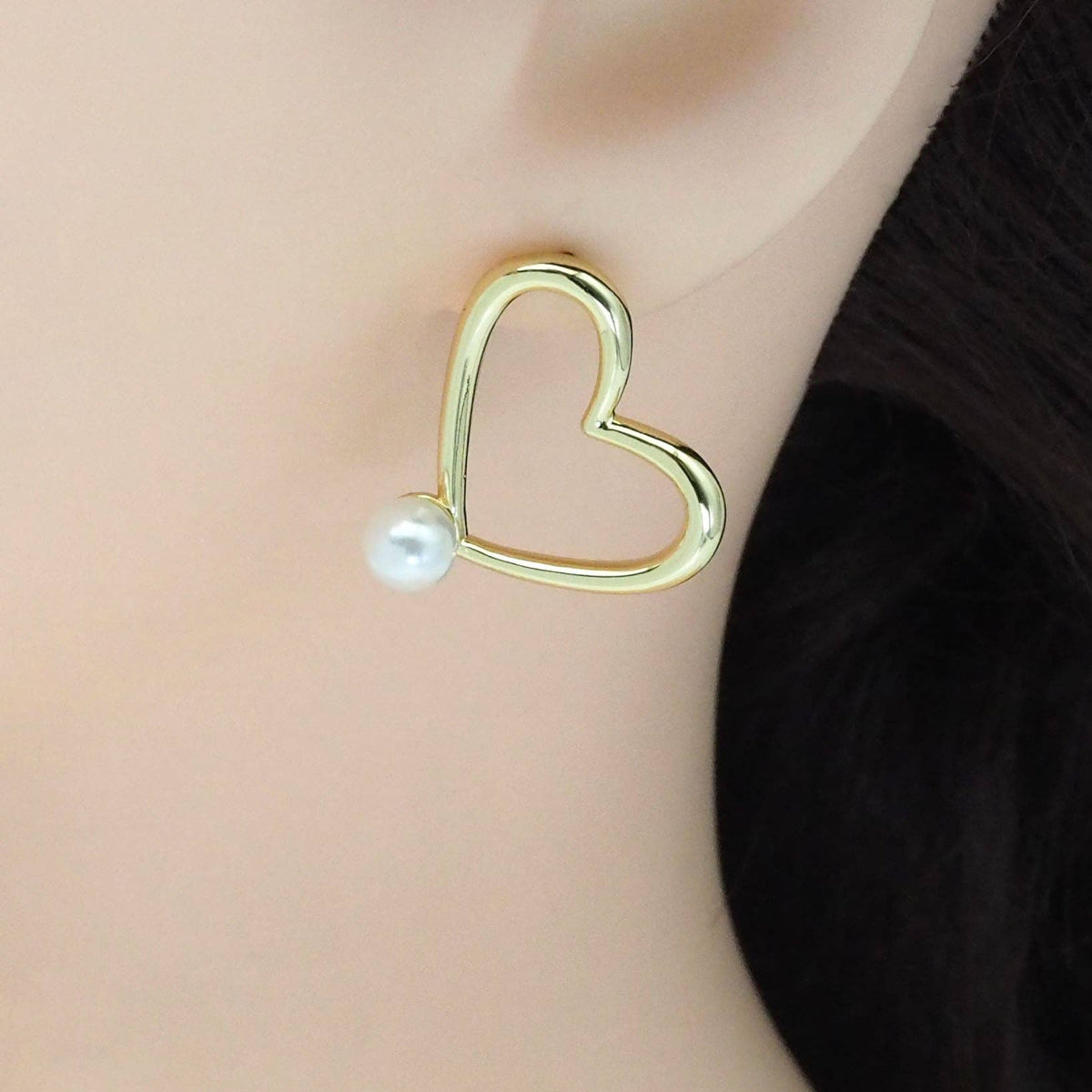 Gold White Pearl Heart Stud Earrings, Sku#LD478